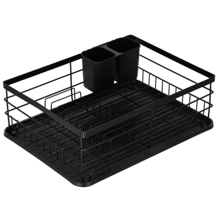 Uscator de vase cu suport tacamuri, din otel, cu tava de scurgere, 42x32x15cm, negru [20]