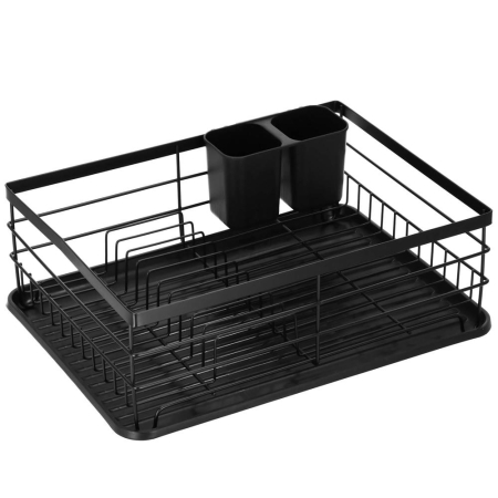 Casă - Uscator de vase cu suport tacamuri, din otel, cu tava de scurgere, 42x32x15cm, negru
