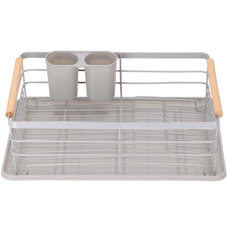 Uscator de vase cu suport tacamuri, din otel, cu tava de scurgere, manere lemn, 42x32x15cm, gri [21]