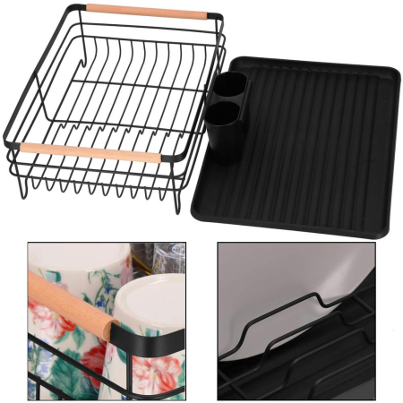 Uscator de vase cu suport tacamuri, din otel, cu tava de scurgere, manere lemn, 42x32x15cm, negru [27]