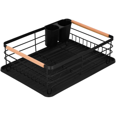 Uscator de vase cu suport tacamuri, din otel, cu tava de scurgere, manere lemn, 42x32x15cm, negru [2]