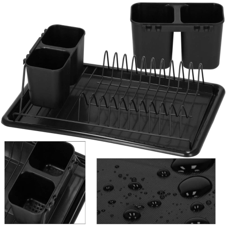 Uscator de vase metalic cu tava detasabila si suport tacamuri, 38x24x13 cm, negru [15]