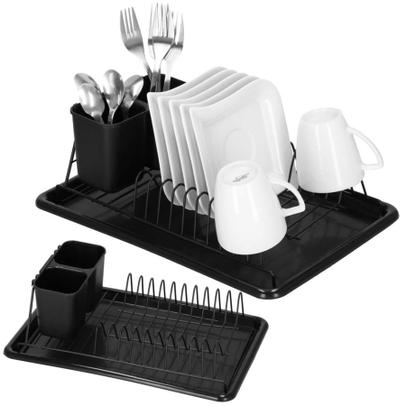 Uscator de vase metalic cu tava detasabila si suport tacamuri, 38x24x13 cm, negru [1]