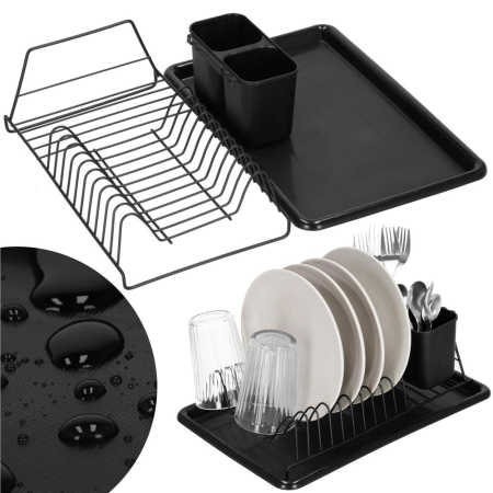 Uscator de vase metalic cu tava detasabila si suport tacamuri, 38x24x13 cm, negru [4]
