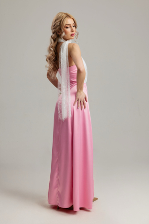 Bridesmaids - rochie lunga roz cu dantela alba