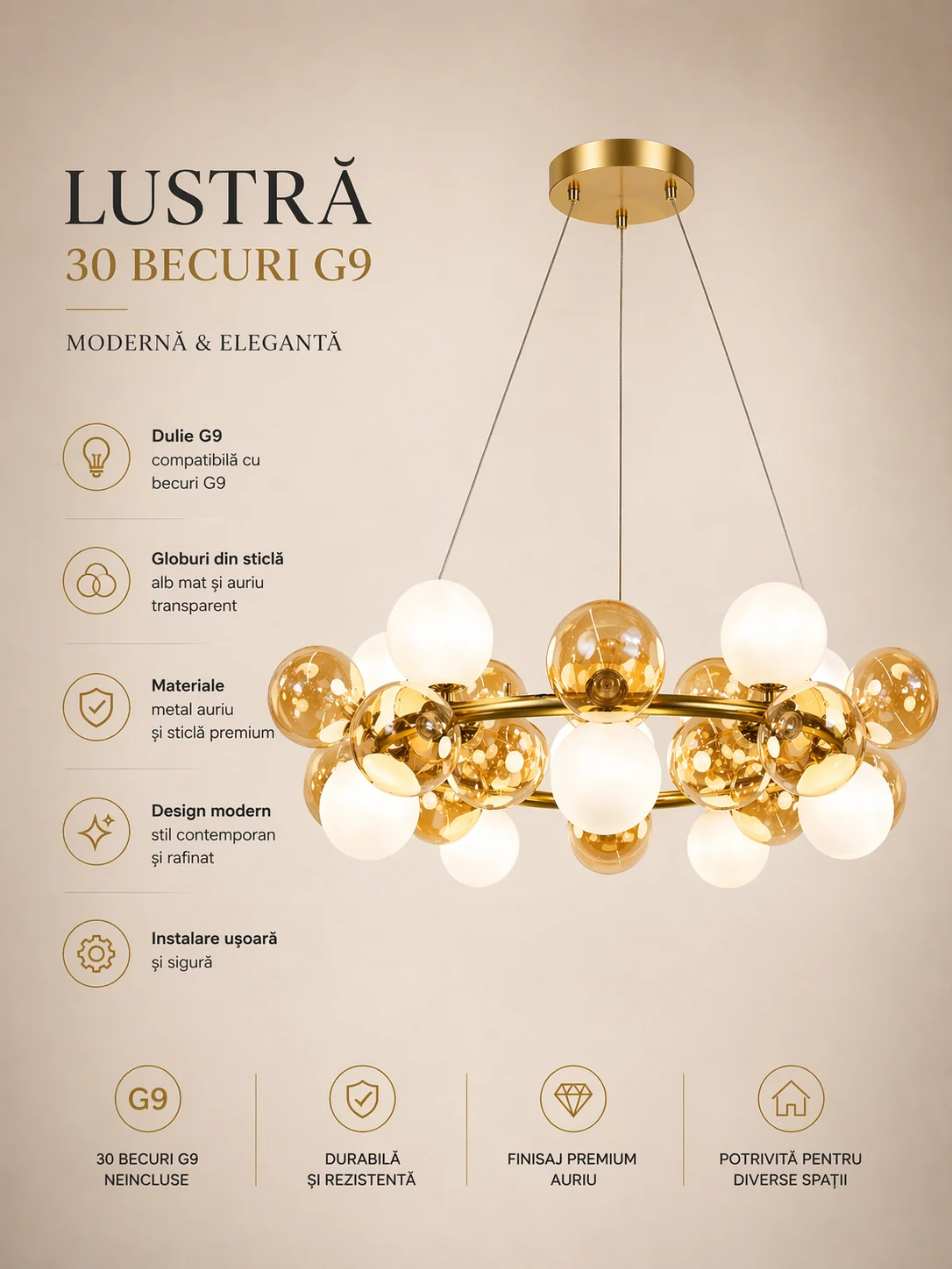 Lustră 5090/30 – 30 Becuri G9, Metal Auriu și Globuri Sticlă Alb/Auriu, Modernă [2]