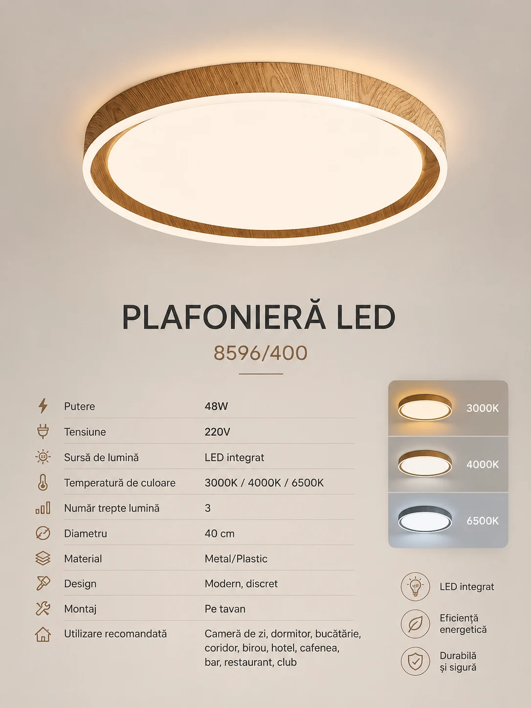 Plafonieră LED 8596/400 – 48W, Metal/Plastic, Diametru 40 cm, 3 Tipuri de Lumină [2]