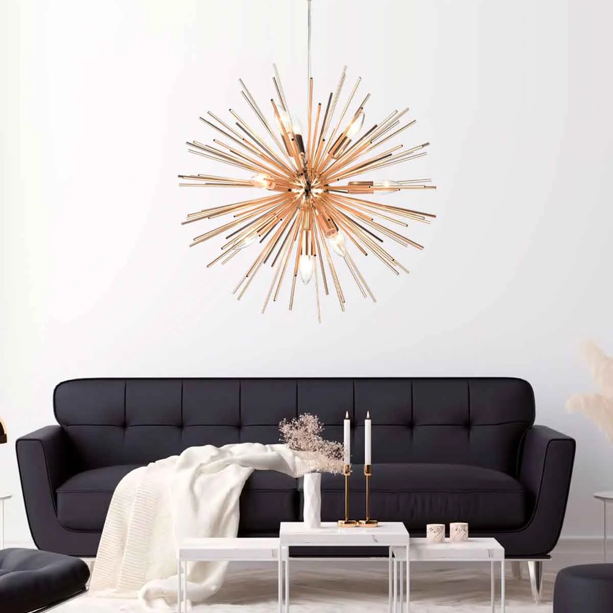 Lustre cu becuri - Lustră aurie 5062/600 GD cu 9 becuri E14, design modern din tije metalice, diametru 60 cm