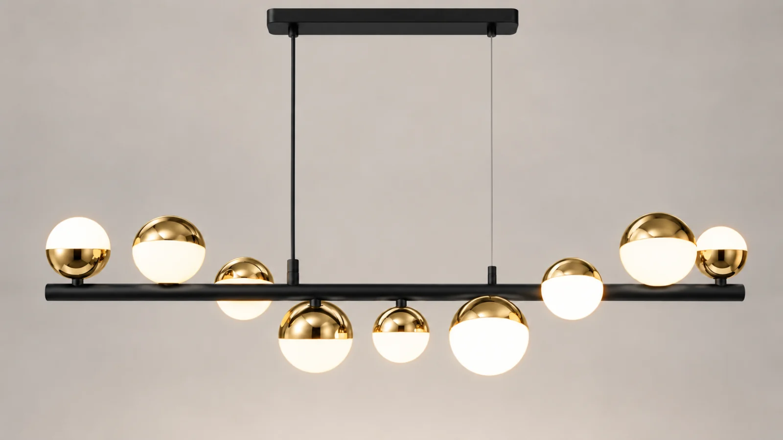 Lustre LED - Lustră LED liniară 6029 cu globuri aurii și albe – variante 9 și 13 lumini