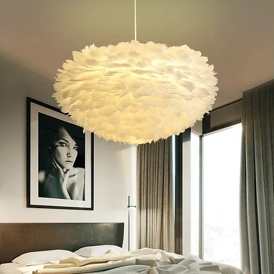 Pendule - Pendul 1099/400 alb cu abajur din pene, diametru 40 cm, bec E27, înălțime reglabilă
