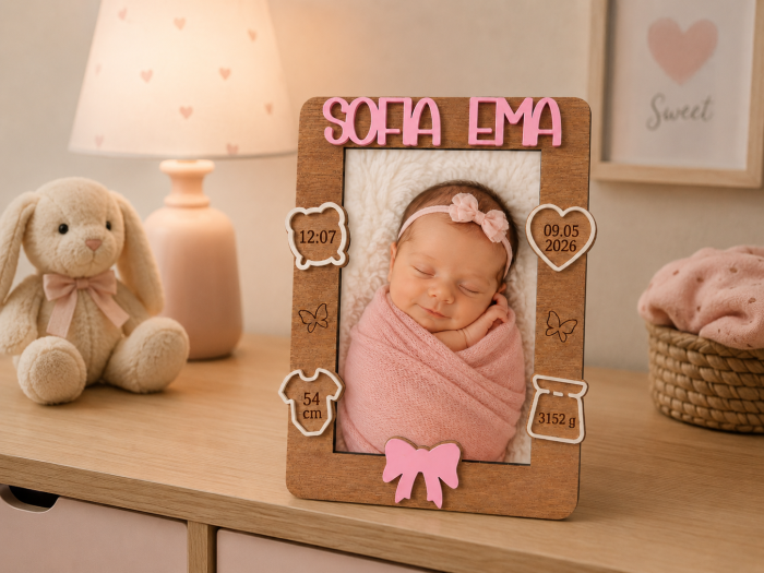 Ramă Foto Personalizată cu Datele Nașterii – Model Fundiță [2]