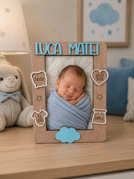 Ramă Foto Personalizată cu Datele Nașterii - Model Norișor [2]
