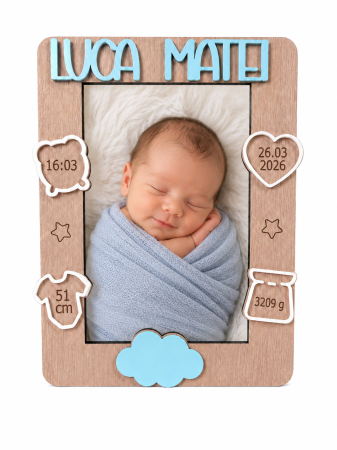 Produse - Ramă Foto Personalizată cu Datele Nașterii - Model Norișor