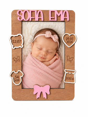 Produse - Ramă Foto Personalizată cu Datele Nașterii – Model Fundiță