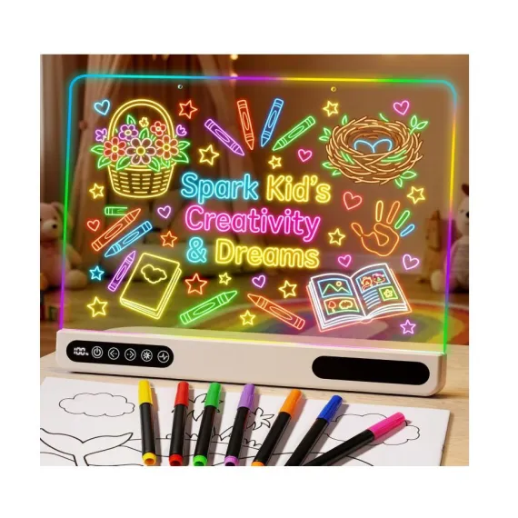 Arta si creativitate - Tabla Acrilica Luminata LED pentru Desen, Suport Inclus, 7 Carioci Colorate, Laveta Stergere 20x20 cm