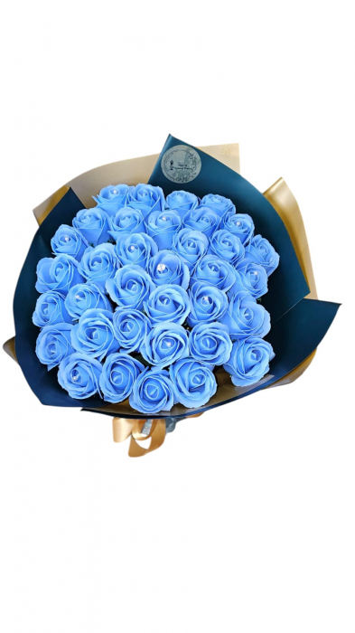 Buchet 35 Trandafiri din Săpun Albastri cu Diamant și Perle – Ambalaj Premium [1]
