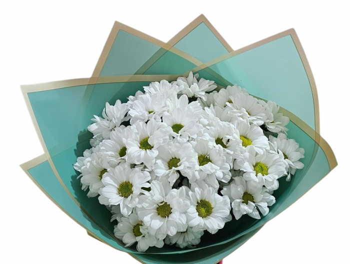 Buchet de crizanteme albe în ambalaj verde cu auriu [1]