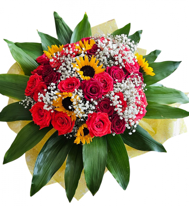 Buchet de trandafiri și floarea-soarelui – Aranjament floral elegant [1]