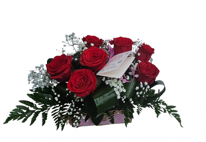 Cufăr cu 7 trandafiri roșii naturali – Aranjament Imperial Premium Flowers [1]