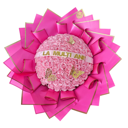 Aranjamente Florale Din Săpun - Buchet Spectaculos „La Mulți Ani!” – 101 Trandafiri de Săpun Roz Mediu și Fluturași Decorativi
