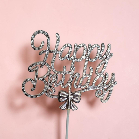 Accesorii - Topper din Plastic „Happy Birthday” cu Fundiță Rose Gold