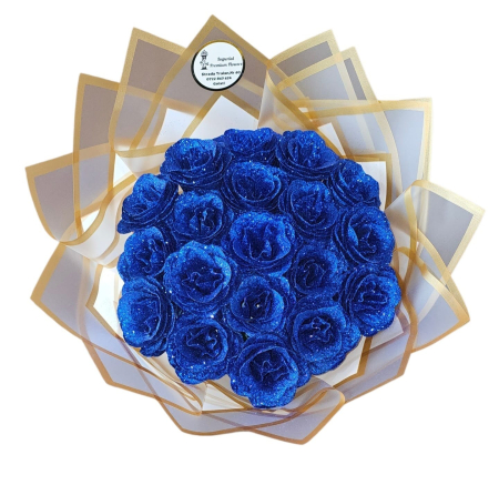 Trandafiri Imperiali Sclipici - Buchet Imperial – 19 Trandafiri Artificiali cu Sclipici Albastru