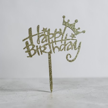 Accesorii - Topper din Lemn „Happy Birthday” cu Coroniță Aurie