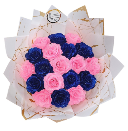Trandafiri Imperiali Sclipici - Buchet Elegant – 19 Trandafiri Artificiali cu Sclipici (Roz & Albastru Regal)