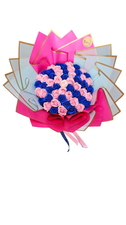 Aranjamente Florale Din Săpun - Buchet Deluxe „Contrast Elegant” – 55 Trandafiri de Săpun Roz-Albastru