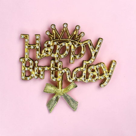 Accesorii - Topper din Plastic „Happy Birthday” cu Fundiță Aurie
