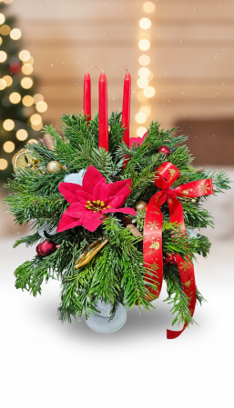 Colectie de Craciun - Sfeșnic Crăciun cu 3 Lumânări Roșii și Aranjament Floral