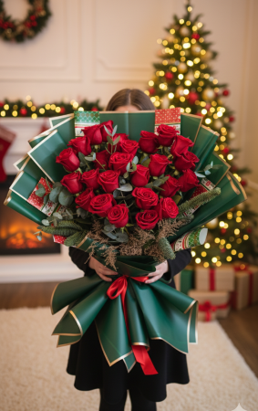 Colectie de Craciun - Buchet Festiv cu 25 Trandafiri Rosii