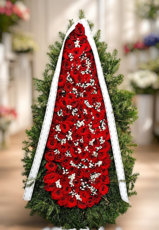 Aranjamente Funerare - Coroană funerară cu 100 de trandafiri roșii și gypsophila albă