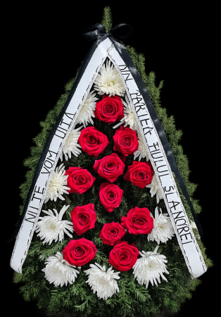 Aranjamente Funerare - Coroană funerară cu trandafiri roșii și crizantemă Anastasia albă