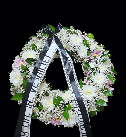 Aranjamente Funerare - Jerbă funerară 45 cm pe burete cu crizanteme albe și roz