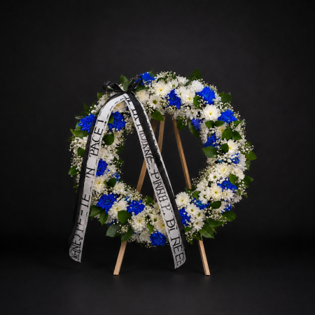 Aranjamente Funerare - Jerba funerara cu crizanteme albe si albastre – Imperial Premium Flowers