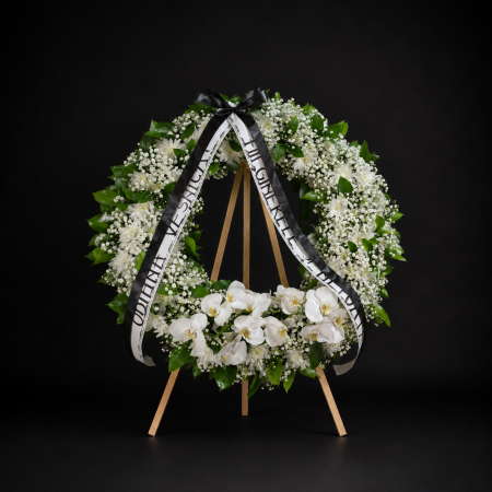 Aranjamente Funerare - Jerba funerara cu orhidee si crizanteme pe stativ – Imperial Premium Flowers