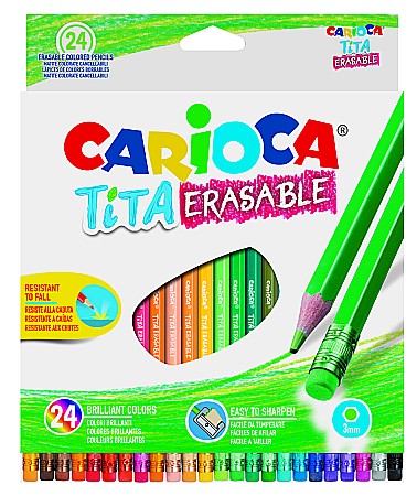 Creioane colorate - Creioane colorate, hexagonale, 24 culori/cutie, cu guma, CARIOCA Tita Erasable