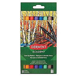 Carioci - Carioci DERWENT Academy, cu 2 capete, varf tip pensula si ascutit, 8 buc/set, diverse culori