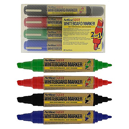 Markere pentru table si flipchart-uri - Marker pentru tabla de scris ARTLINE 525T, doua capete - varf rotund 2.0mm/tesit 5.0mm, 4 culori/set