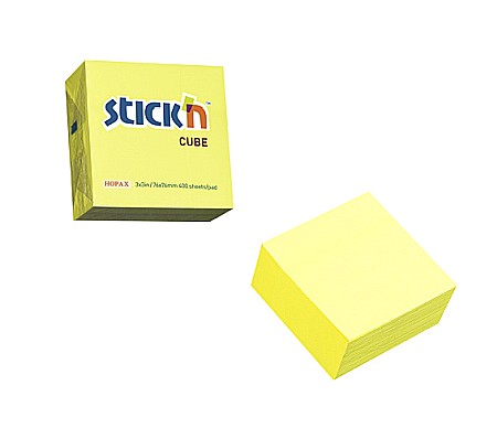 Cuburi din hartie - Cub notes autoadeziv 76 x 76 mm, 400 file, Stick"n - galben neon