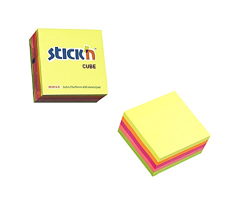 Cuburi din hartie - Cub notes autoadeziv 76 x 76 mm, 400 file, Stick"n - 5 culori fluorescente