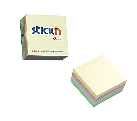 Cuburi din hartie - Cub notes autoadeziv 76 x 76 mm, 400 file, Stick"n - 4 culori pastel