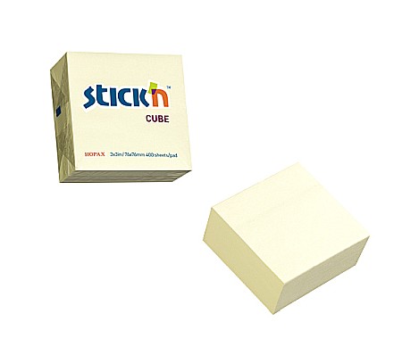 Cuburi din hartie - Cub notes autoadeziv 76 x 76 mm, 400 file, Stick"n - galben pastel