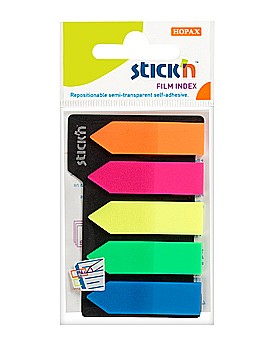 Stick index plastic transparent color 42 x 12 mm, 5 x 25 file/set, Stick"n - 5 culori neon - sageata