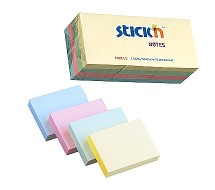 Notes autoadeziv 38 x 51 mm, 12 x 100 file/set, Stick"n - 3 culori pastel