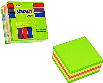 Cuburi din hartie - Cub notes autoadeziv 51 x 51 mm, 250 file, Stick"n - neon/pastel asortate