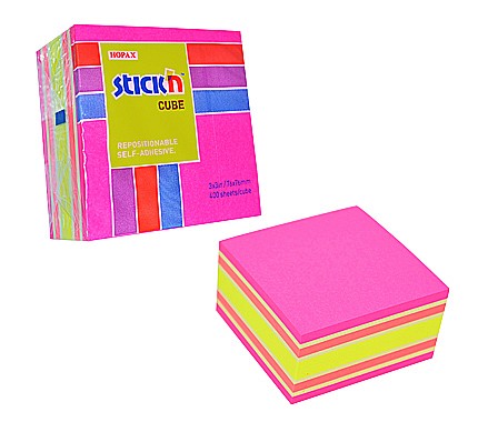 Cuburi din hartie - Cub notes autoadeziv 76 x 76 mm, 400 file, Stick"n - neon/pastel asortate