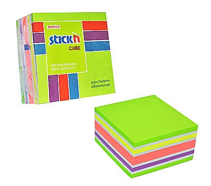 Cuburi din hartie - Cub notes autoadeziv 76 x 76 mm, 400 file, Stick"n - neon/pastel asortate
