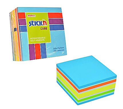 Cuburi din hartie - Cub notes autoadeziv 76 x 76 mm, 400 file, Stick"n - neon/pastel asortate